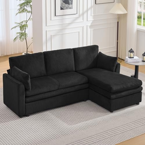 Image of 85 inch Sectional Couches with Right Chaise, Comfy Deep Dual-Layer Cushion Couch, 4 Seater L Shaped Couch, Modern Modular Sofa, Corduroy Sofas for Living Room, Apartment, Black