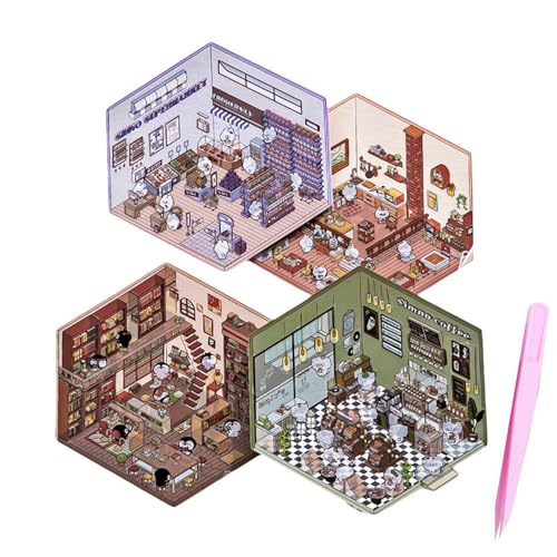 全4点セット DIY 3D コラージュ素材 シーンシール 造景ル 紙ミニチュア模型 紙ドールハウス 紙素材 手帳パック 日記帳 DIY 3D ハウスステッカー 立体 韓国系 ニッチ ストレス解消 可愛い 趣味
