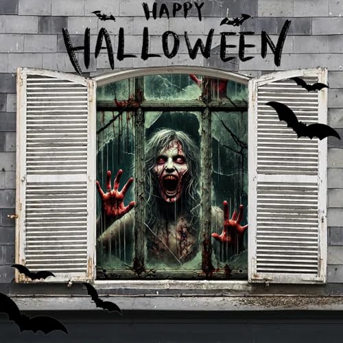 Halloween Deko Gruselig Fensterbilder, Halloween innen Deko Fenster Vorhang, Horror Party Fensterdeko Fensterposter Fensterabdeckung Fenster Dekoration für Party Zubehör 120 * 80 cm