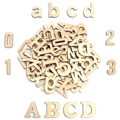 Handi Stitch Letras de Madera y Números Madera sin Acabado (124 Piezas) 52 Letras Mayúsculas y 52 Letras Minúsculas (A-Z) 20 Números (0-9) Piezas Decorativas para Manualidades