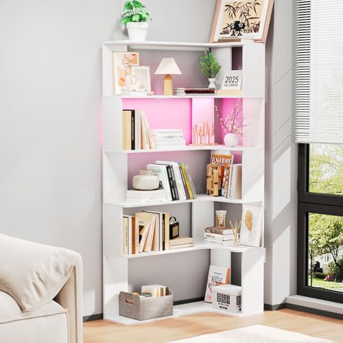 Ztexkee Librería de 5 Niveles Estantería Esquinera con Barra de luz LED 169 cm Estantería en Forma de L Estante de Almacenamiento para Dormitorio, salón, Cocina, Oficina en casa Blanco