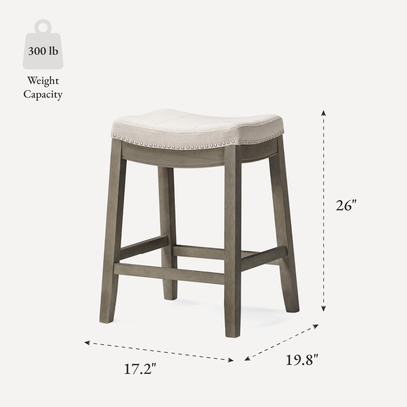 Maven Lane Sophia Backless Counter Stools 26 Inches Set of 3 – Saddle Stools with Footrest – Grey Solid Wood and Grey Fabric Upholstery – Ideal for Kitchen Islands and Counters