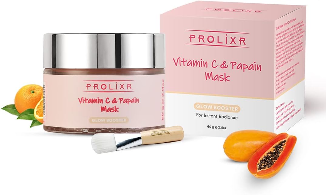 Prolixr Vitamin C & Papain Glow Booster Face Mask - Minimize Dark Spots and Pigmentation, Sun Damage | Skin Brightening - 60g