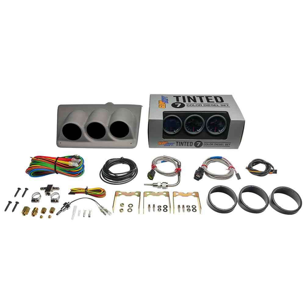 GlowShift Diesel Gauge Package Compatible with Ford Super Duty F-250 F-350 6.0L 7.3L Power Stroke 1999-2004 - Tinted 7 Color 60 PSI Boost, 1500F EGT &