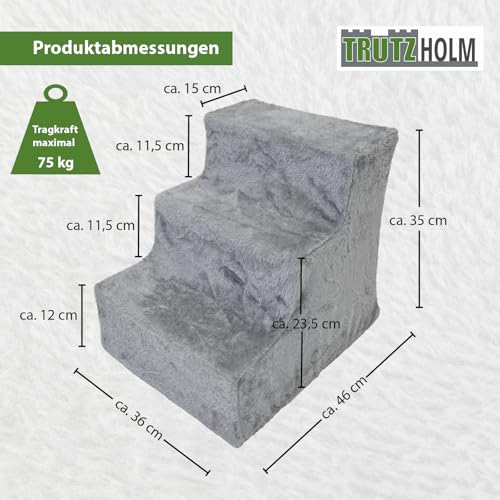 TRUTZHOLM Hundetreppe 3 Stufen Hunderampe für Bett und Sofa, Abnehmbarer, waschbarer Plüschbezug in Anthrazit robuste Hundetreppe Katzentreppe Hunderampe gelenkschonend