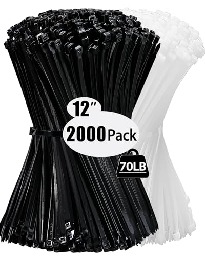 2000 Pack Zip Wire Ties 12 Inch Cable Zip Ties Clear+ Black Tie Wraps with 70 Pounds Tensile Strength, Self-Locking Cable Ties, UV Resistant Thick Nylon Wire Ties for Indoor and Outdoor