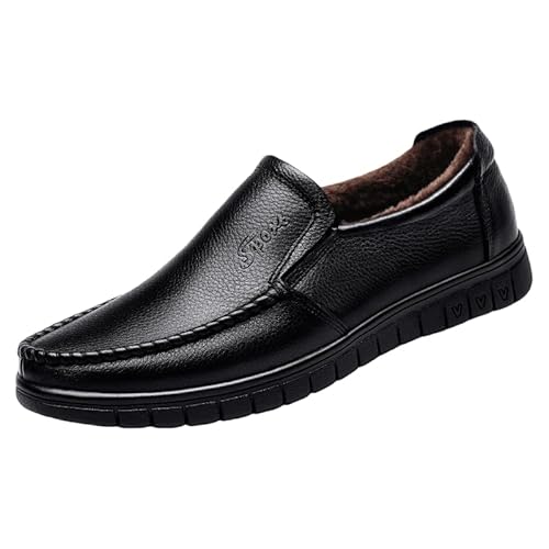 Men's Fashionable Business Shoes - Flat Round-Toe Low-Cut one-Piece Style - Rubber Sole - Comfortable and Lightweight - Suitable for All Seasons and Office wear (Black-Plush,9.5)