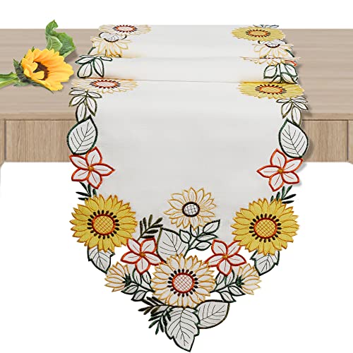Owenie Embroidered Sunflowers Table Runner,Spring Fabric Table Runners 70 Inch Long With Yellow Sunflower And Green Leaves, Farmhouse Harverst Dresser Scarf For Table Decoration, 13 X 70 Inch #TOP12