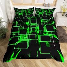 Erosebridal Fluorescent Green and Black Kids Duvet Cover, Modern Geometric Square Bedding Sets for Boys Girls Gradient Neon Light Honeycomb Bed Cover Full 3 Pieces