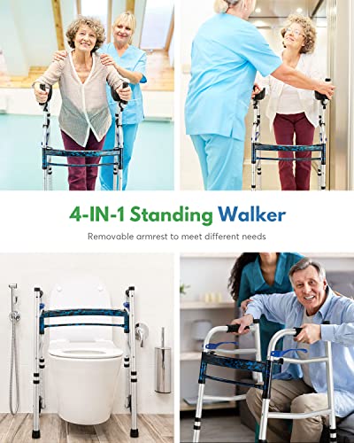 Auitoa 2 Mold Standard Folding Walker For Seniors With Detachable Armrest, Standing & Walking Mobility Aid With 5" Wheels 350Lbs Capacity, Can Be Used As Toilet Safety Rail, Compact & Portable, Silver #TOP2