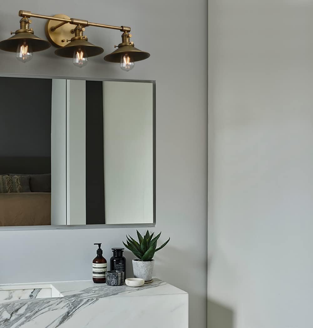 Phansthy Antique Brass Wall Sconce 3 Light Vanity Light with 7.87” Metal Flared Light Shade