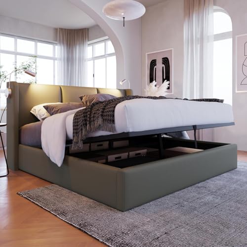 KOMHTOM Lit Double Rembourré Lit Coffre avec Lampe Cadre de Lit Plateform avec Sommier à Lattes en Bois Modernité Chambres à Coucher(sans Matelas) (Gris...