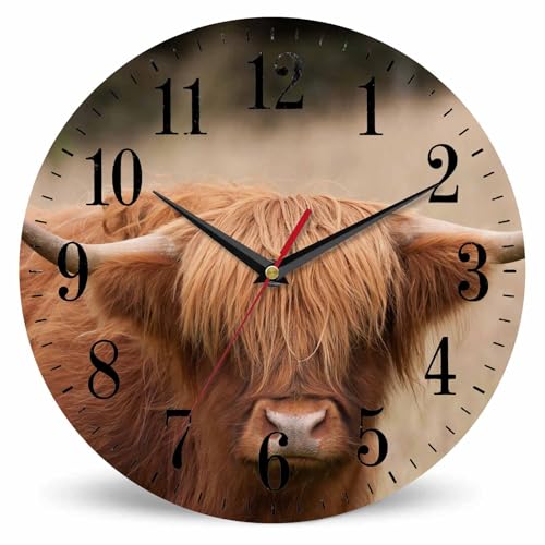 Cow Wall Clock Brown Highland Cattle Cow Animal Farming Countryside 10 Inch Silent Non Ticking Battery Operated Clock Vintage Round Clock for Living Room Bedroom Bathroom Office Decor