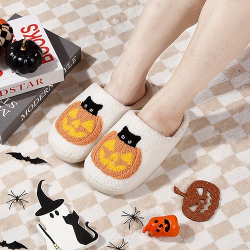 Halloween Flat Thermal Slippers Soft Plush Pumpkin Cat Design House Shoes4
