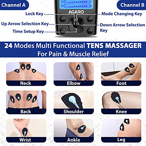 AGARO Dual Channel TENS Massager TM2421 24 Modes, 20 Intensity Levels, Rechargeable, Muscle/Nerve Stimulator for Pain Relief Therapy, Physiotherapy Machine, 10 Gel Pads, Period Pain, Pulse Massager - Image 3
