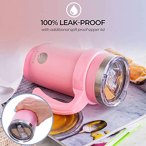 ALBOR Triple Insulated Stainless Steel Tumbler 20 oz Pink Coffee Travel Mug With Handle - Thumbnail 2