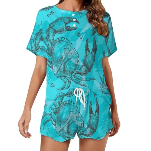 Pyjama crabe homard femme aux motifs marins originaux, coupe courte et légère pour l'été