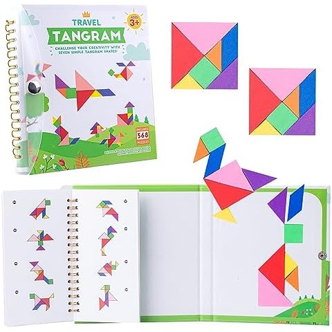 Vanmor Travel Tangram Puzzle with 2 Sets Magnetic Plate-Montessori Shape Pattern Blocks Jigsaw Road Trip Games with 368 Solution - IQ Book Educational Toy Brain Teaser Gift for Kids Adults Challenge Cover