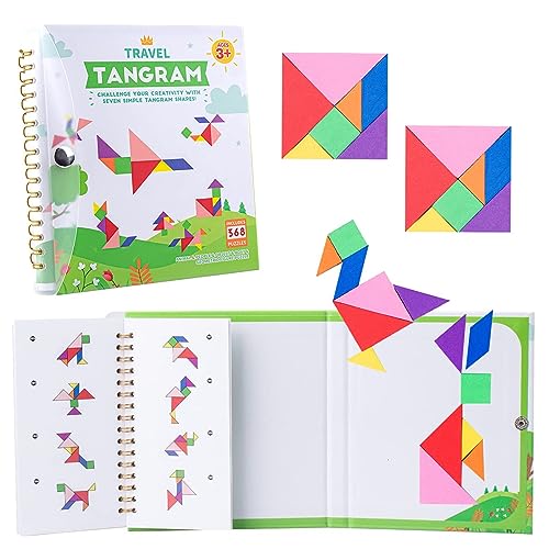 vanmor travel tangram puzzle with 2 sets magnetic plate-montessori shape pattern blocks jigsaw road trip games with 368 solution - iq book educational toy brain teaser gift for kids adults challenge