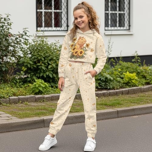 WELLFLYHOM Girls Fall Clothes Athletic Sweatsuit 4-13 Long Sleeve Hoodie and Pants Set Cropped Sweatshirt and Sweatpants Set3