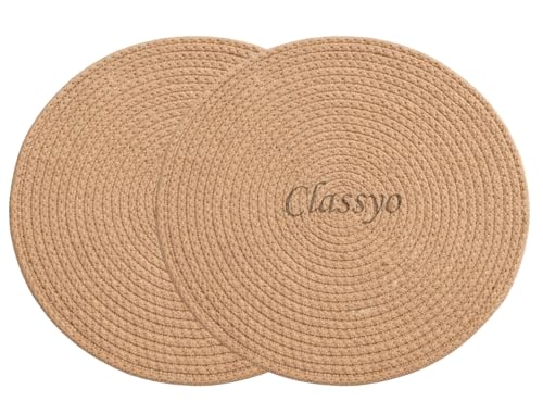 Image of Classyo Cotton Coasters for Dining Table, 10 inch (Beige, Pack of 2) | Round Placemats for Hot Pots, Plates and Pans | Dining Table Placemats | Dining Table Mat | Washable Round Table Mats
