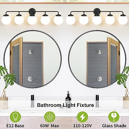 Image of Bathroom Light Fixtures 39in 5-Light Matte Black Vanity Lights for Mirror | Bathroom Lighting Fixtures over Mirror, ETL, Brushed Brass Wall Sconce, Dimmable E12 Base Max 60W, Milky Glass Ball Shades