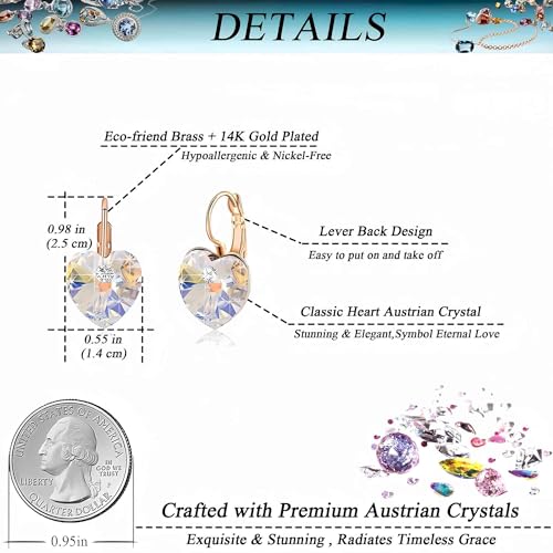 Austrian Crystal Heart Drop Leverback Earrings for Women 14K Rose Gold Plated Hypoallergenic Jewelry4