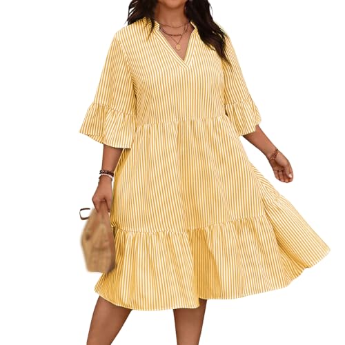 Plus Size Dreeses for Women V Neck Short Sleeve Dresses Oversized Ruffle Tiered Sundress Casual Striped Dress 2025