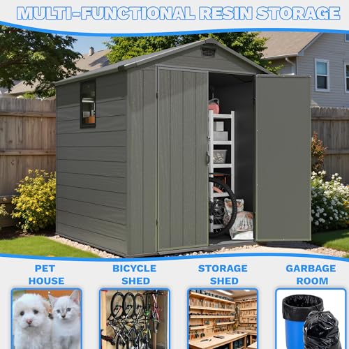Image of Greesum 6x6FT Plastic Outdoor Storage Shed with Floor, Dark Gray | Resin Sheds with Lockable Double Doors, All-Weather Tool Sheds with Window & Multiple Vents for Garden, Yard, Patio