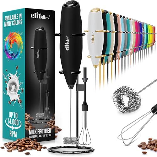 Image of ElitaPro Powerful Milk Frother Wand - 2 in 1 Handheld Coffee Frother and Egg Beater - Mini Foam Maker With Stand - Whisk Drink Mixer & Foamer for Coffee, Latte, Matcha, Hot Chocolate (Exec Black)