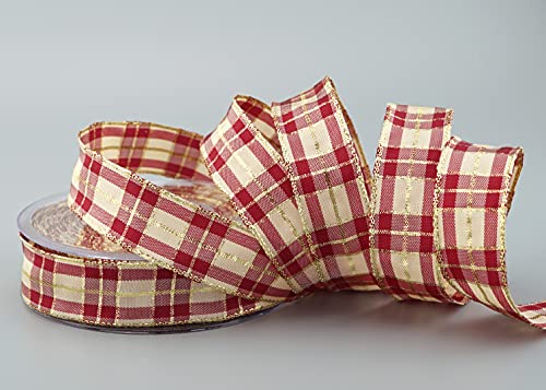 finemark 20 m x 25 mm chequered Christmas ribbon, burgundy, cream, gold (124) with lurex wire edge, decorative, gift, tartan