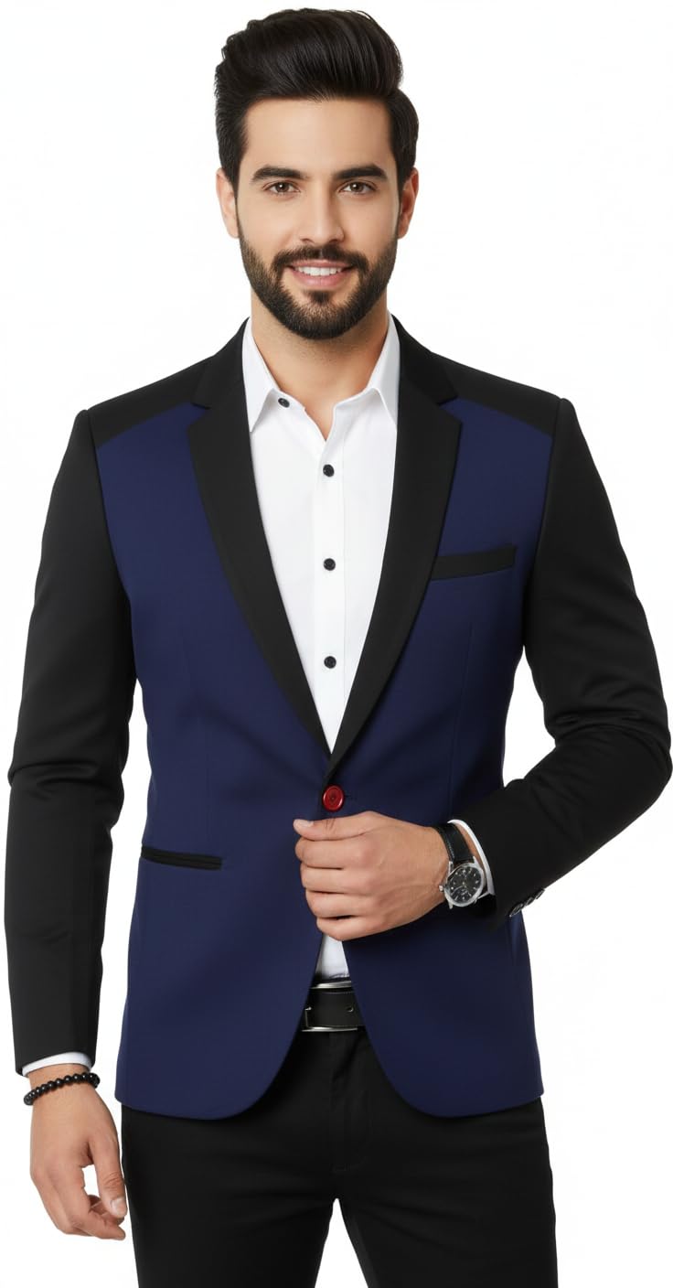 darbar in Men's Formal Blazer, Navy Blue and Black Color Block, Single Button, Notch Lapel-picture-60