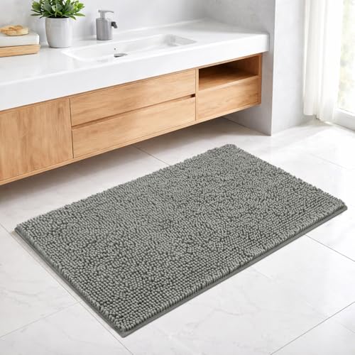 Image of LUXE HOME INTERNATIONAL Shaggy Chenille Bath Mat Extra Soft Super Absorbent Anti Skid Slip Popcorn Door Mats for Home Entrance, Bathroom, Bedroom, Kitchen, Floor Mat (45x75 cm Grey) Pack of 1