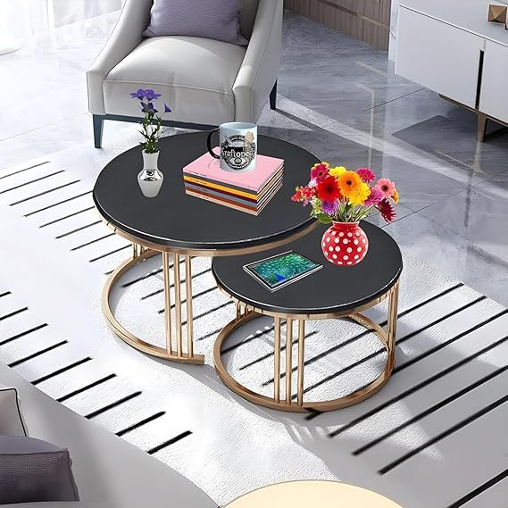 Image of Elegance Iron & Wooden Round Retro Golden Bedside Table |Night Stand| Side Table | Sofa Side Table |Coffee Table |Centre Table| Bar Cocktail Table Set of 2 Table- Gold & Black