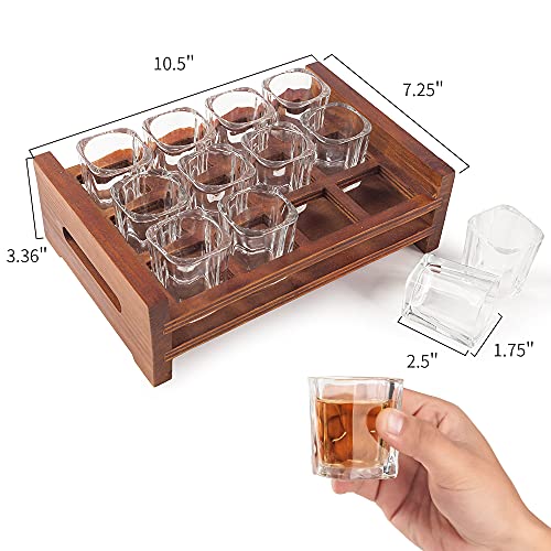 BARGIFTS 12 Shot Glass Server Square Shot Glasses Set with Rustic Burnt Wood Serving Tray,Crystal Shot Glass for Party & Collection