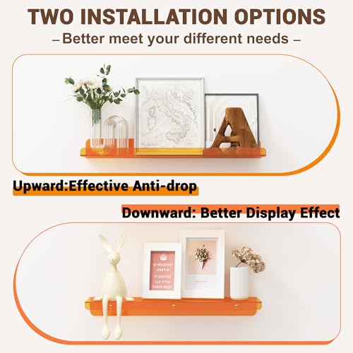 Image of Qukaka Floating Shelves for Wall Decor, 15 inch Wall Shelves for Bedroom, Living Room, Kitchen, Bathroom Decor, Nail Polish /Book /Decoration /Makeup /Perfume Organizer Floating Shelf-3Pack Clear Orange