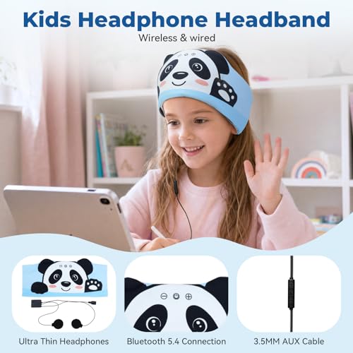 Image of Toddler Headband Headphones Wireless, Kids Bluetooth Earphones for iPad, Safe Volume - Wired School Headphones with 3.5 MM Jack, Sleep Mask for Kids, Travel Accessories Gift for Boys & Girls (Panda)