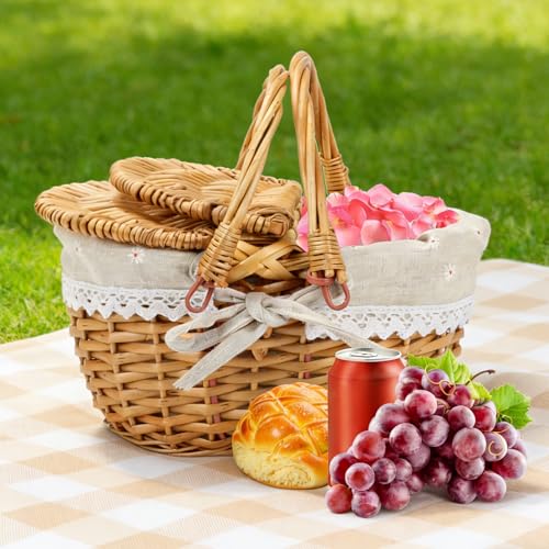 Panier Pique Nique, 26x18x15cm Panier en Osier Ovale pour Champignons, avec Couvercle en Osier et Doublure Crème, pour Pique-Nique, Jardin, Cadeaux