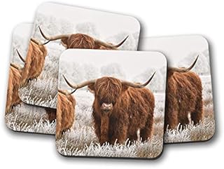 4 Set - Highland Cow Coaster - Cattle Scotland Hairy Fluffy Bull Fun #14591