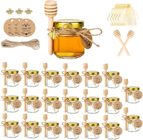 elthmpr 20 Stück 45ml Glas Honiggläser mit Deckel Klein Honig Glasgläser mit Honiglöffel Geschenktüten Etiketten und Schnur Honiggeschenke für Kräuter Gewürze Handwerk Marmelade