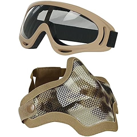 AOUTACC Airsoft Half Face Mask Steel Mesh and Goggles Set Cover