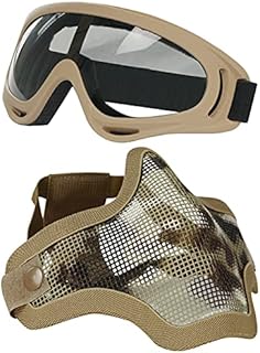 AOUTACC Airsoft Half Face Mask Steel Mesh and Goggles Set, Skull Tactical Masks Protection Gear for Paintball BBS CS Nerf Game Cosplay Halloween Costume Accessories (Tan Camo)