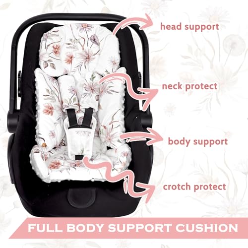 Image of Infant Car Seat Insert and Strap Covers, Very Soft Car Seat Head Support Baby Girl Boy, Reversible Newborn Carseat Insert Cushion Fits for Stroller, Baby Swing, Bouncer (White Flower)