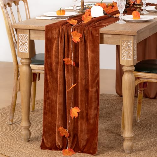 Image of Velvet Table Runner 10ft Luxury Wrinkle Resistant Velvet Fabric, Terracotta | Smooth Texture, Fade & Pilling Resistant, Rich in Luster, for Wedding Holiday Kitchen and Dining Table Decor, 20x120 Inches