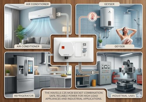 Image of Havells 25A MCB Protected Heavy Duty AC Box with 16A Plug for AC, Refrigerator, Geyser, Industrial Use