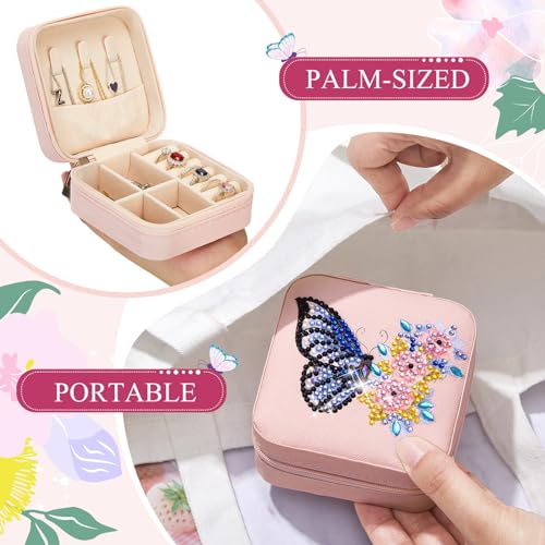 Image of Hinly 2 Pcs Portable Diamond Painting Jewelry Storage Box DIY Diamond Art Accessories PU Leather Jewelry Ring Organizer Case Travel Jewelry Organizer(Butterfly and Flower,Bright Color)