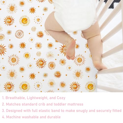 Image of Watercolor Suns Totem Baby Crib Sheets 52''x28'' Boho Sunshine Stretchy Fitted Crib Mattress Covers for Boy Girl Golden Suns Soft Nursery Baby Bed Sheets for Standard Crib and Toddler Mattress