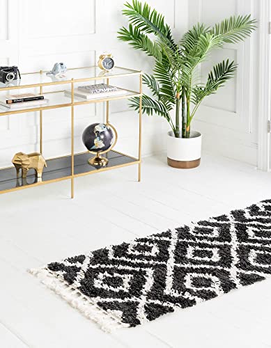 Rugs.com Athena Shag Collection Rug – 2' 2 x 6' Runner Black and White Shag Rug Perfect for Hallways, Entryways