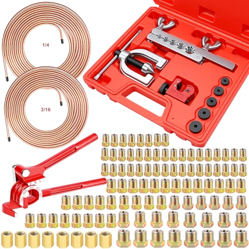 smseace 3/16 Inch+1/4 Inch Brake Line Flaring Tool Kit with 102Pcs Fittings
