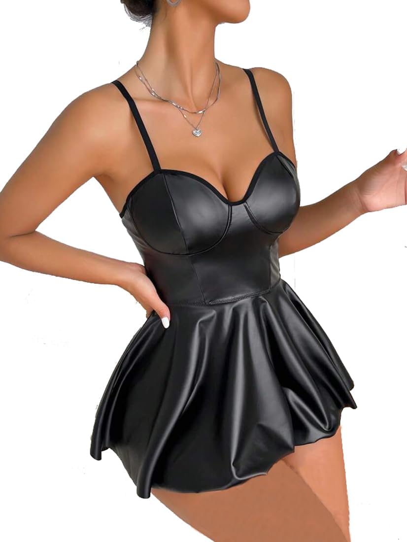 Women's Plunging Neck Spaghetti Strap Mini Dress PU Leather Sleeveless A Line Flared Casual Partywear